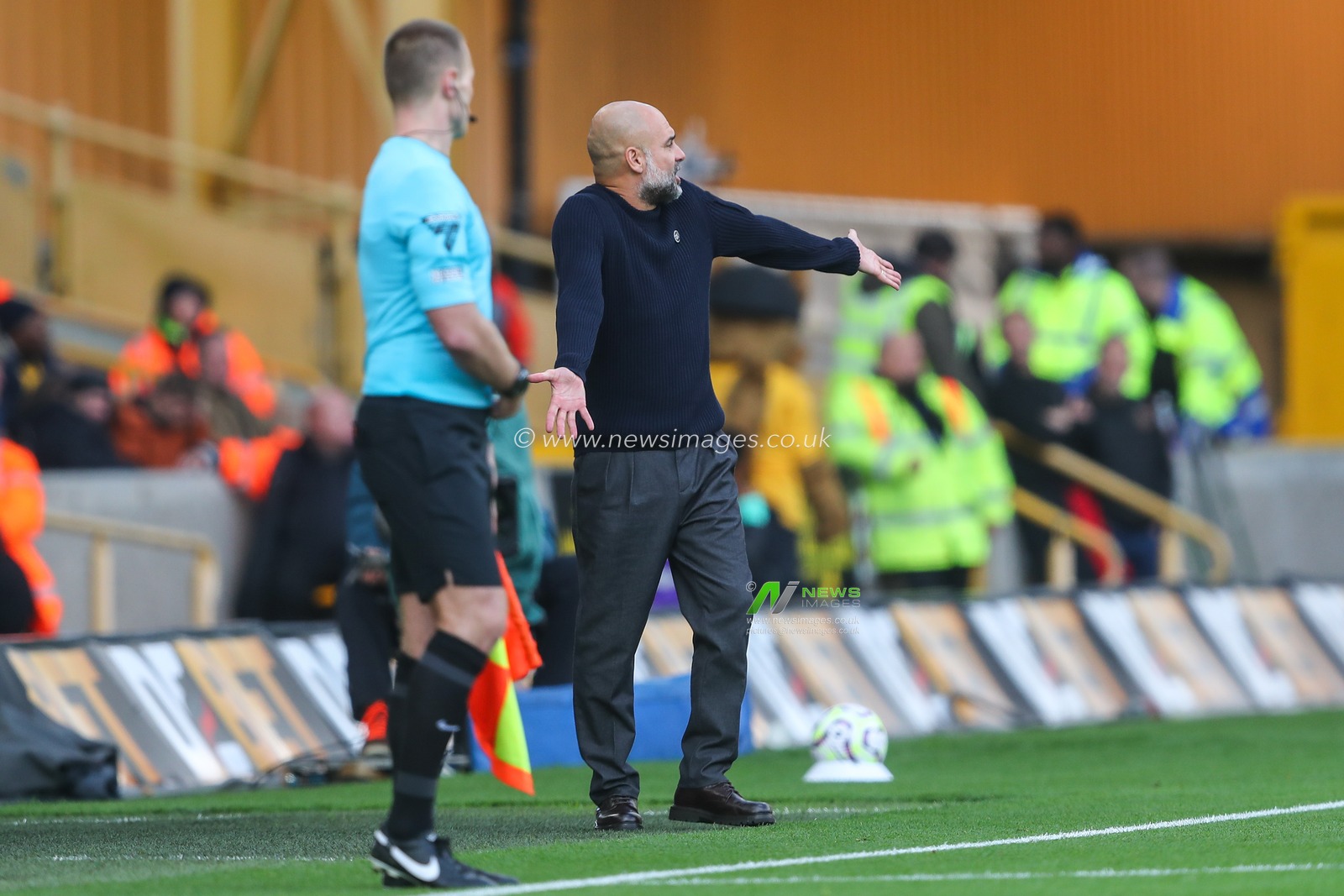 Pep Guardiola manager of Manchester City reacts during the Premier League match Wolverhampton Wanderers vs Manchester City at Molineux, Wolverhampton, United Kingdom, 20th October 2024

(Photo by Gareth Evans/News Images)
