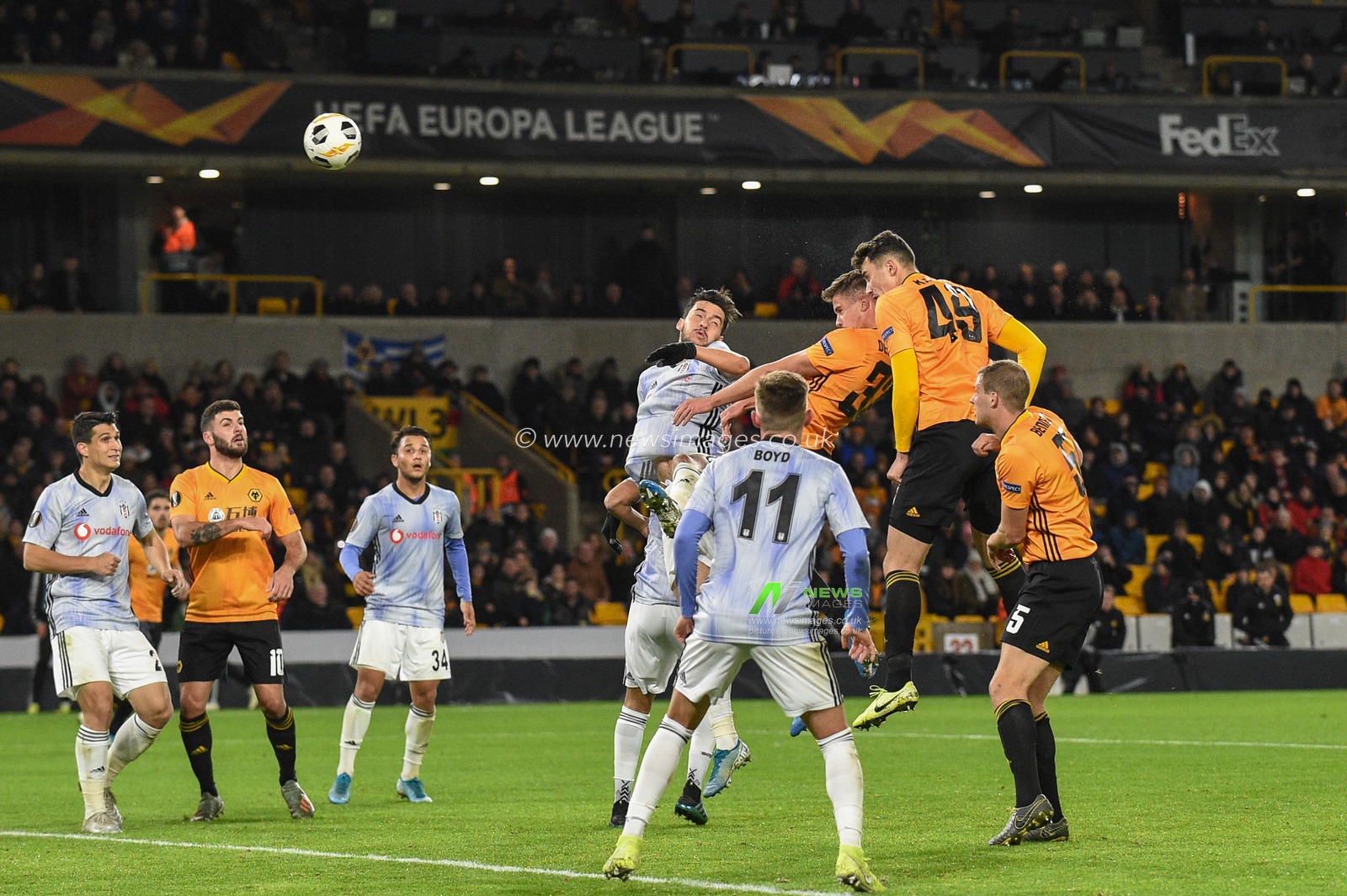 12th December 2019, Molineux, Wolverhampton, England; UEFA Europa League, Wolverhampton Wanderers v Besiktas : Leander Dendoncker (32) of Wolverhampton Wanderers scores to make it 3-0

Credit: Richard Long/News Images