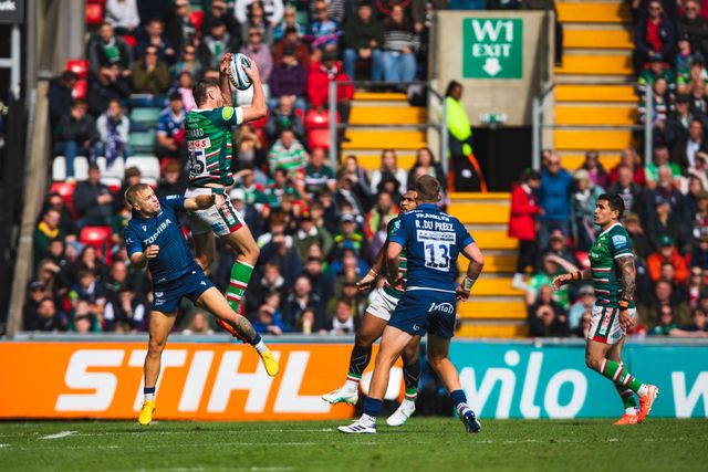 Freddie Steward of Leicester Tigers during the Gallagher Premiership Play-off Semi-final Leicester Tigers vs Sale Sharks at Mattioli Woods Welford Road Stadium, Leicester, United Kingdom, 7th June 2025

(Photo by Craig Evans/News Images)