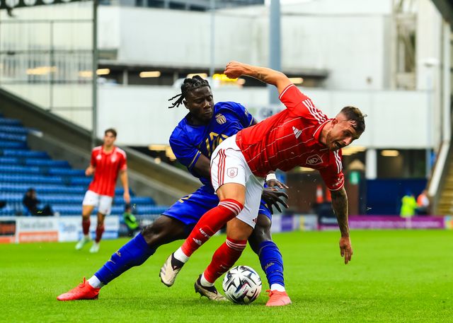 Dale Taylor of Nottingham Forest is fouled by Mohammed Salisu of Monaco during the Pre-season friendly match Nottingham Forest vs Monaco at SMH Group Stadiumact Stadium, Chesterfield, United Kingdom, 19th July 2025

(Photo by Richard Bierton/News Images)