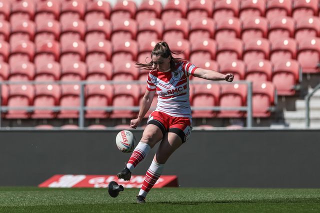 Faye Gaskin of St Helen’s converts for a goal during the Betfred Women's Challenge Cup Quarter Final match St Helens vs Barrow Raiders at The BrewDog Stadium, St Helens, United Kingdom on 25 April 2026

(Photo by Mark Cosgrove/News Images)