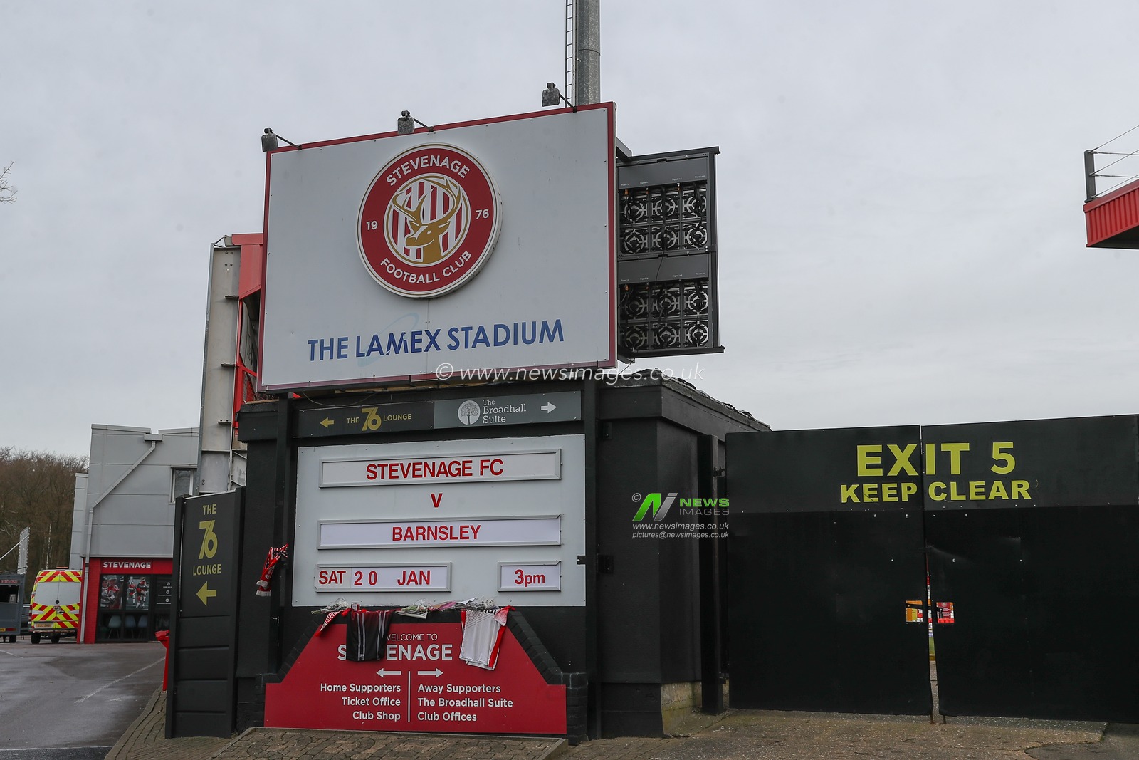 A general view outside of the Lamex Stadium, home of Stevenage ahead of the Sky Bet League 1 match Stevenage vs Barnsley at Lamex Stadium, Stevenage, United Kingdom, 20th January 2024

(Photo by Gareth Evans/News Images)
