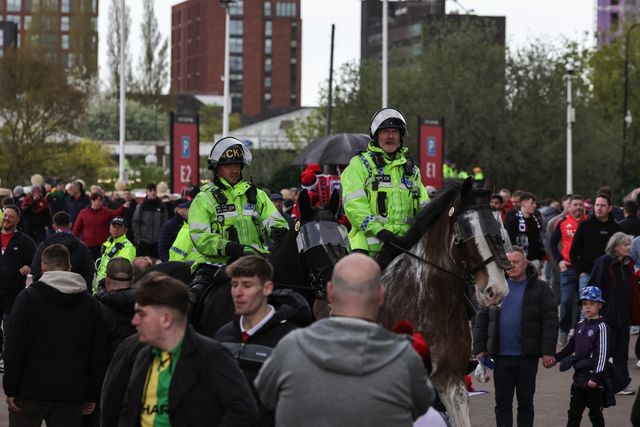 Mounted police patrol the grounds of Old Trafford during the Premier League match Manchester United vs Leeds United at Old Trafford, Manchester, United Kingdom on 13 April 2026

(Photo by Mark Cosgrove/News Images)