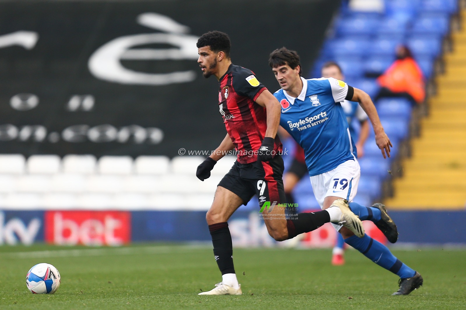 Dominic Solanke #9 of Bournemouth dribbles the ball