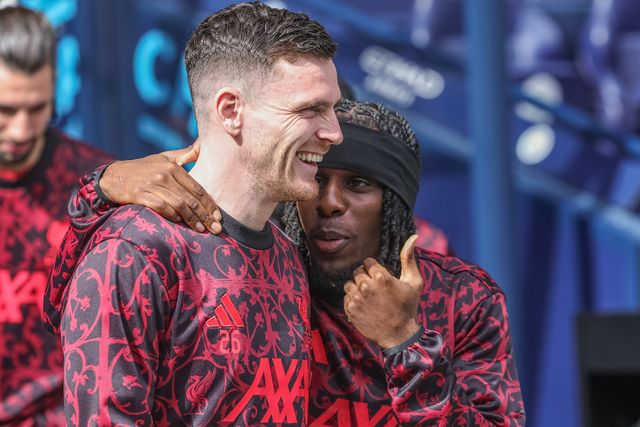 Andrew Robertson of Liverpool and Jeremie Frimpong of Liverpool in the pregame warmup session during the Emirates FA Cup Quarter-Final match Manchester City vs Liverpool at Etihad Stadium, Manchester, United Kingdom on 04 April 2026

(Photo by Mark Cosgrove/News Images)