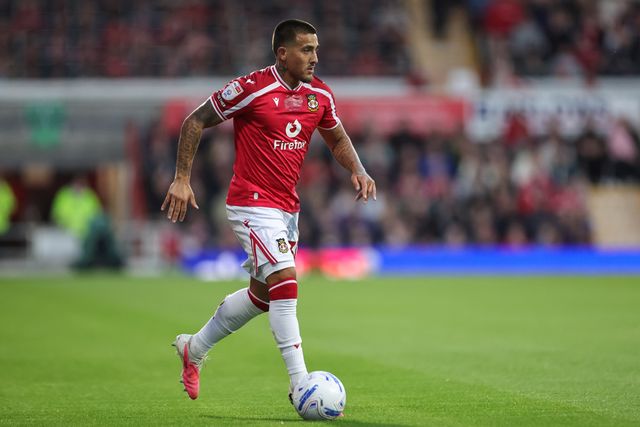 Danny Imray of Wrexham with the ball during the Sky Bet Championship match Wrexham vs Birmingham City at The Racecourse Ground, Wrexham, United Kingdom on 28 August 2026

(Photo by Mark Cosgrove/News Images)