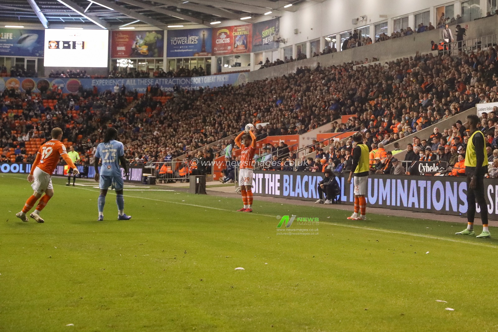 Luke Garbutt #29 of Blackpool takes a throw-in