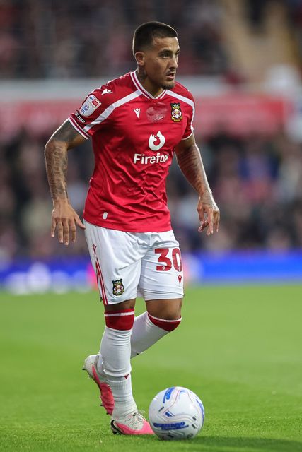 Danny Imray of Wrexham with the ball during the Sky Bet Championship match Wrexham vs Birmingham City at The Racecourse Ground, Wrexham, United Kingdom on 28 August 2026

(Photo by Mark Cosgrove/News Images)