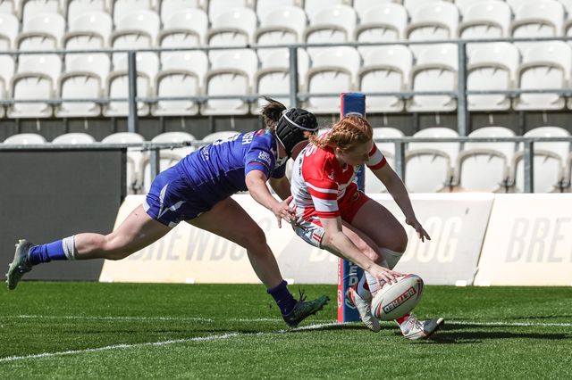 Rebecca Rotherham of St Helen’s goes over for a try during the Betfred Women's Challenge Cup Quarter Final match St Helens vs Barrow Raiders at The BrewDog Stadium, St Helens, United Kingdom on 25 April 2026

(Photo by Mark Cosgrove/News Images)