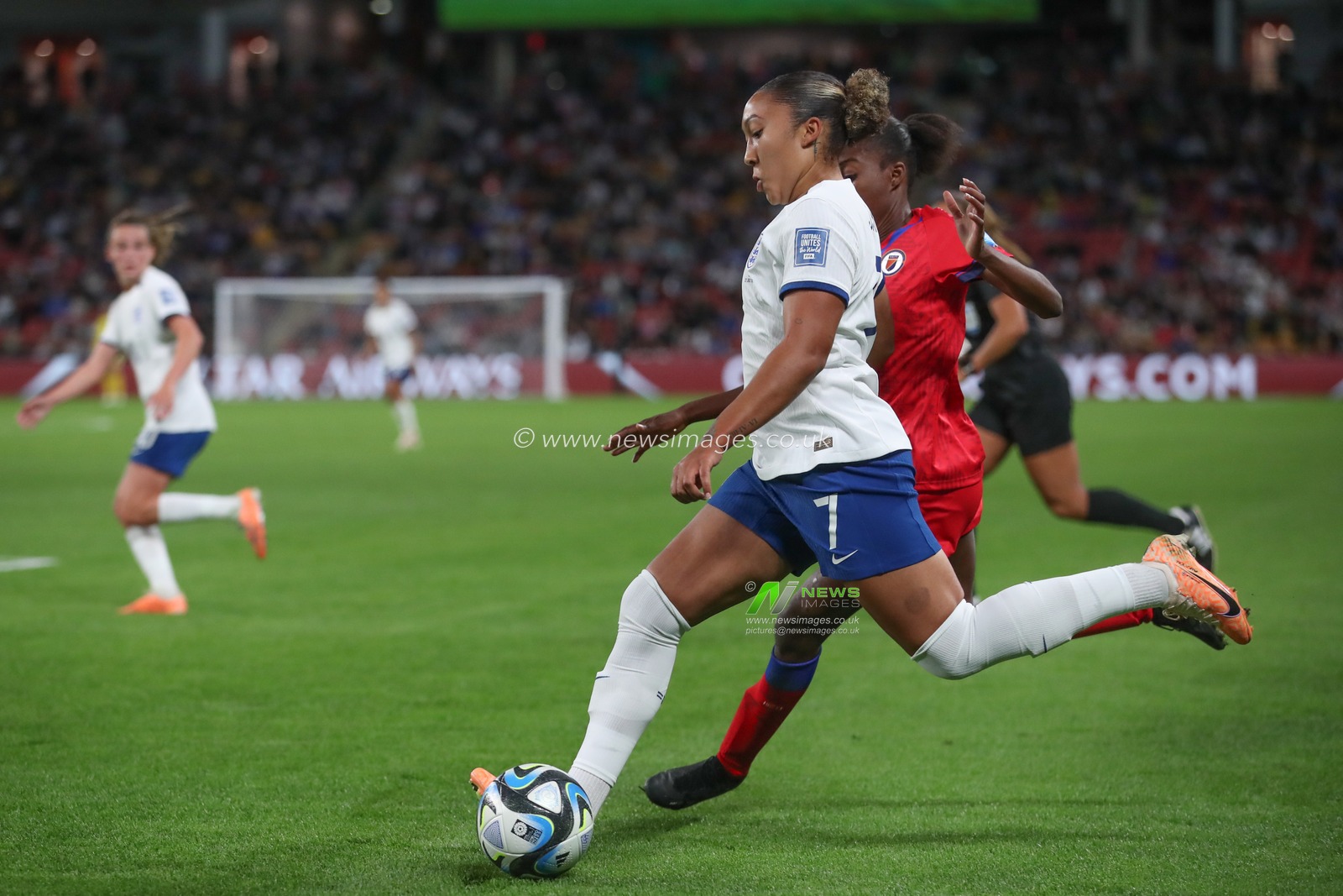 Lauren James #7 of England crosses the ball during the FIFA Women's World Cup 2023 Group D England Women vs Haiti Women at Suncorp Stadium, Brisbane, Australia, 22nd July 2023

(Photo by Patrick Hoelscher/News Images)