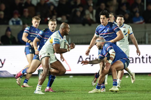 Maika Sivo of Leeds Rhinosbreaks with the ball during the Betfred Challenge Cup round 4 match Wakefield Trinity vs Leeds Rhinos at DIY Kitchens Stadium, Wakefield, United Kingdom on 13 March 2026

(Photo by Mark Cosgrove/News Images)