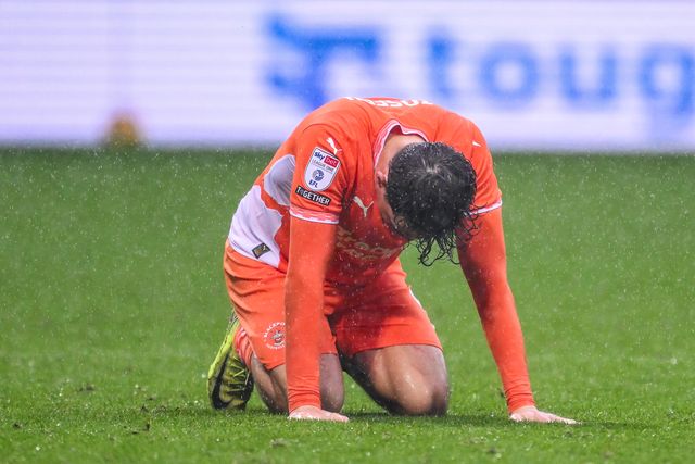 Kyle Joseph of Blackpool is dejected as Bolton score a late winner to make the score 2-1 during the Sky Bet League 1 match Bolton Wanderers vs Blackpool at Toughsheet Community Stadium, Bolton, United Kingdom, 23rd November 2024

(Photo by Craig Thomas/News Images)