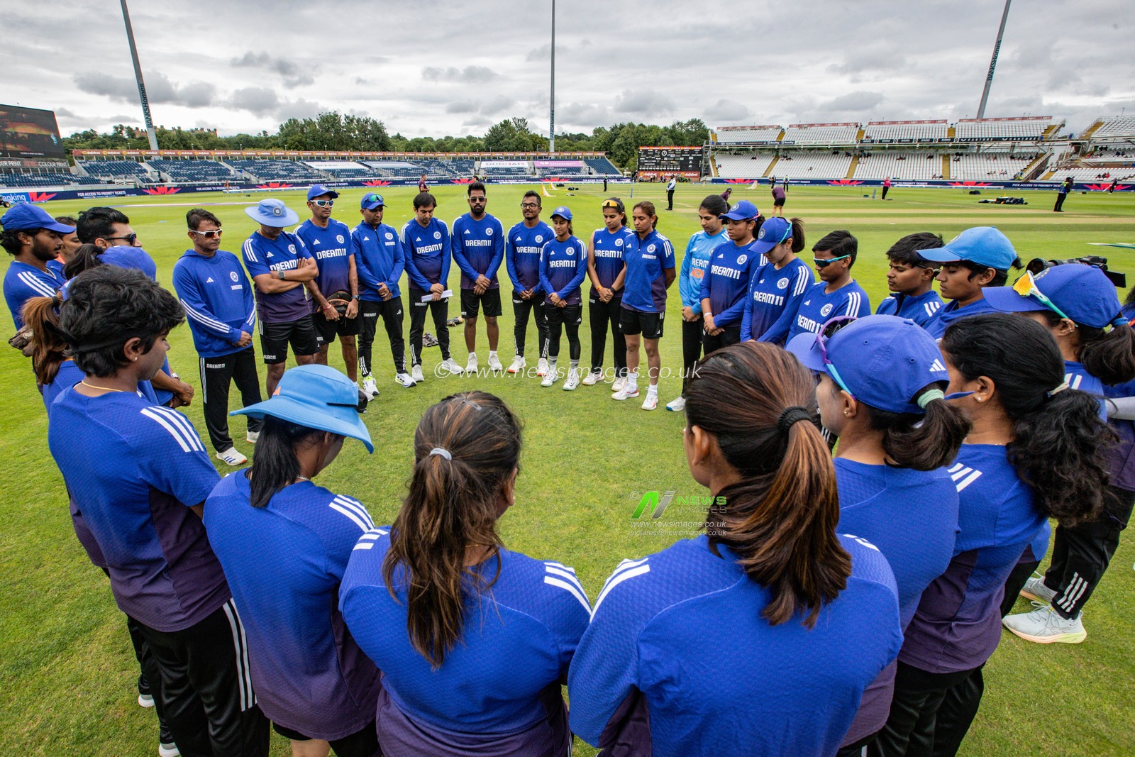 India have a team huddle before the game during the 3rd Metro Bank One Day International England Women vs India Women at Banks Homes Riverside Stadium, Chester-le-street, United Kingdom, 22nd July 2025

(Photo by Alfie Cosgrove/News Images)