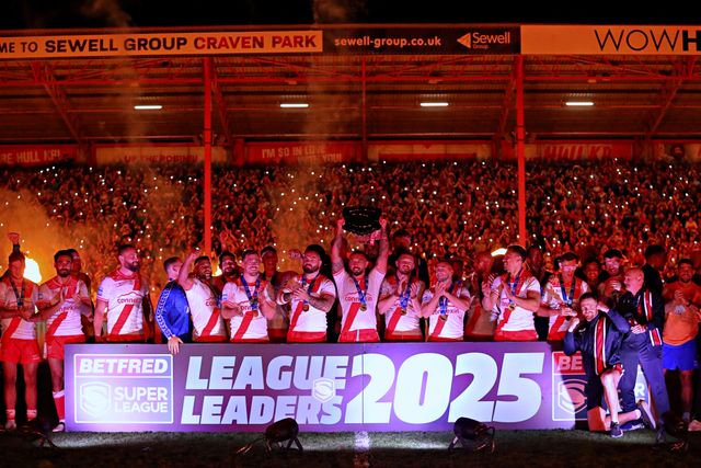 Hull KR lift the League Leaders Shield after the Betfred Super League round 27 match Hull KR vs Warrington Wolves at Sewell Group Craven Park, Kingston upon Hull, United Kingdom, 18th September 2025

(Photo by Sam Eaden/News Images)