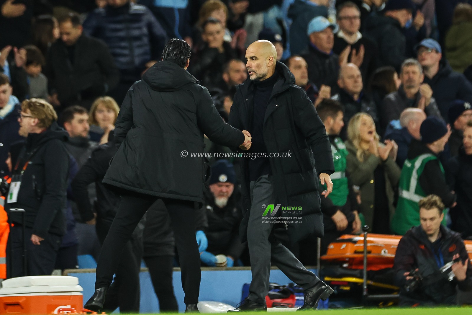 Pep Guardiola manager of Manchester City and Unai Emery Manager of Aston Villa shake hands at the end of  the Premier League match Manchester City vs Aston Villa at Etihad Stadium, Manchester, United Kingdom, 3rd April 2024

(Photo by Mark Cosgrove/News Images)