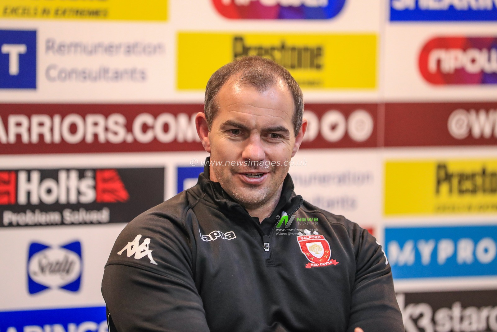 4th October 2019, DW Stadium, Wigan, England; Betfred Super League Semi Final, Wigan Warriors v Salford Red Devils : Ian Watson head coach of Salford Red Devils speaks to the press after booking their place in the Grand Final with St Helens after knowing out Wigan 4-28

Credit: Mark Cosgrove/News Images