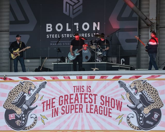 A band play live to the fan during the Betfred Super League Round 23 match Leigh Leopards vs Salford Red Devils at Leigh Sports Village, Leigh, United Kingdom, 22nd August 2025

(Photo by Mark Cosgrove/News Images)