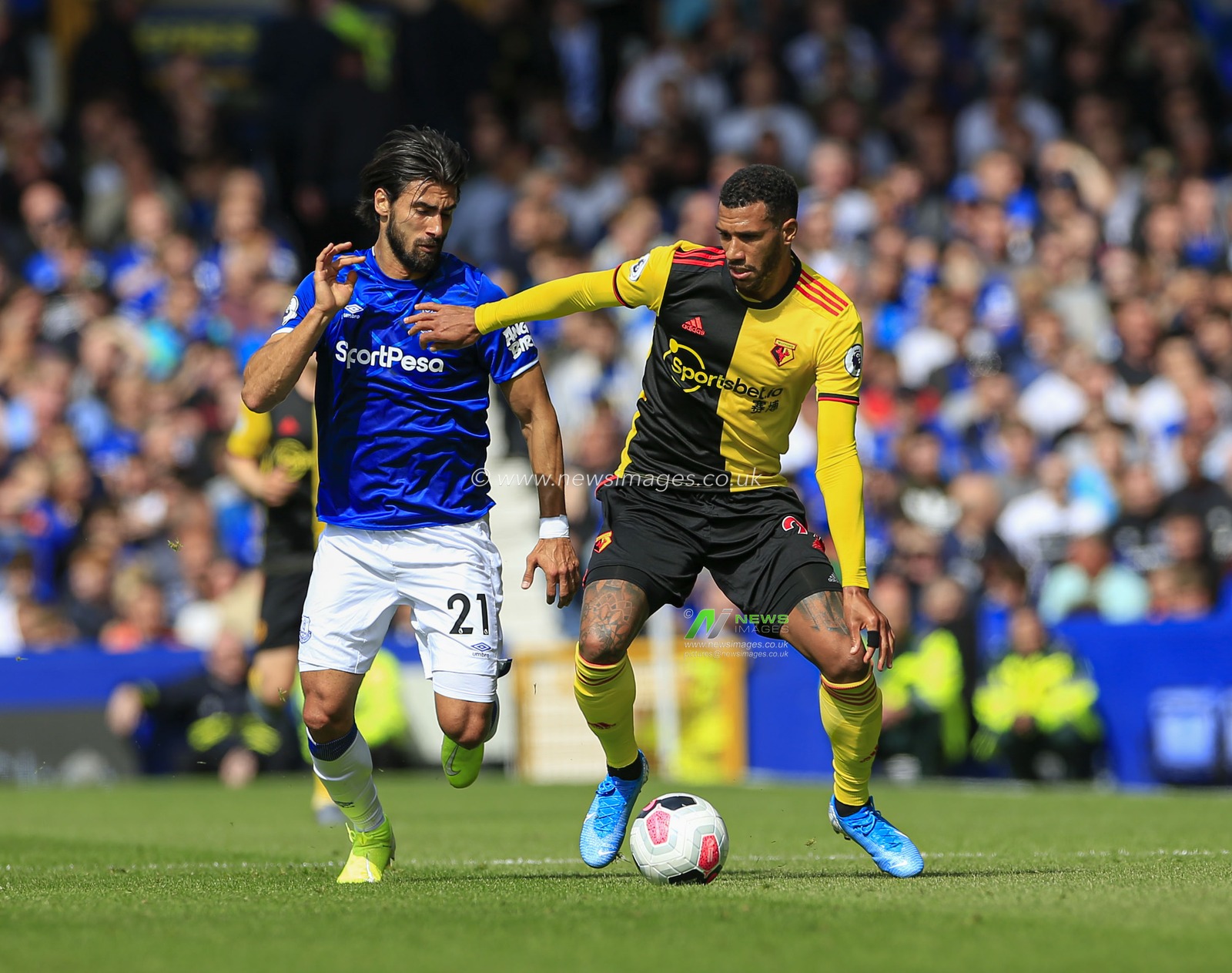 17th August 2019, Goodison Park, Liverpool, England ; Premier League Football, Everton vs Watford : Etienne Capoue (29) of Watford and Andre Gomes (21) of Everton challenge for the ball

Credit: Conor Molloy/News Images

English Football League images are subject to DataCo Licence