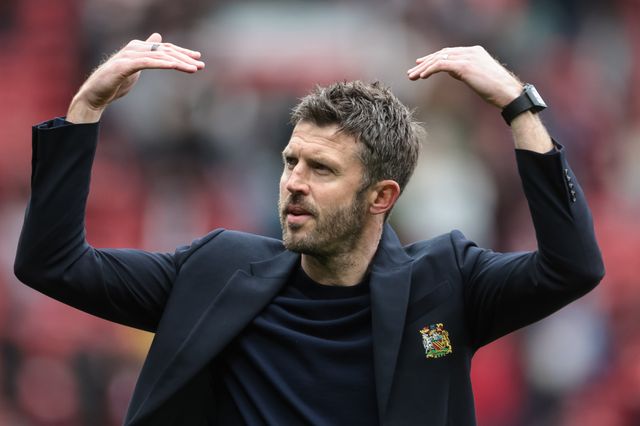 Michael Carrick manager of Manchester United celebrates the 3-2 win with the fans as they chant his name during the Premier League match Manchester United vs Liverpool at Old Trafford, Manchester, United Kingdom on 03 May 2026

(Photo by Mark Cosgrove/News Images)