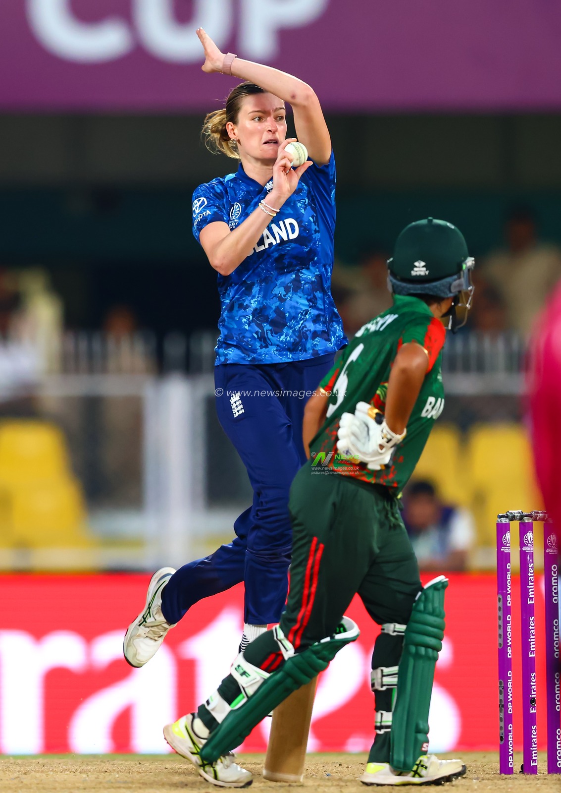 Lauren Bell of England during the ICC Women's World Cup match England Women vs Bangladesh Women at ACA Barsapara Cricket Stadium, Guwahati, Assam/ India, 7th October 2025

(Photo by Shubhajit Roy Karmakar/News Images)