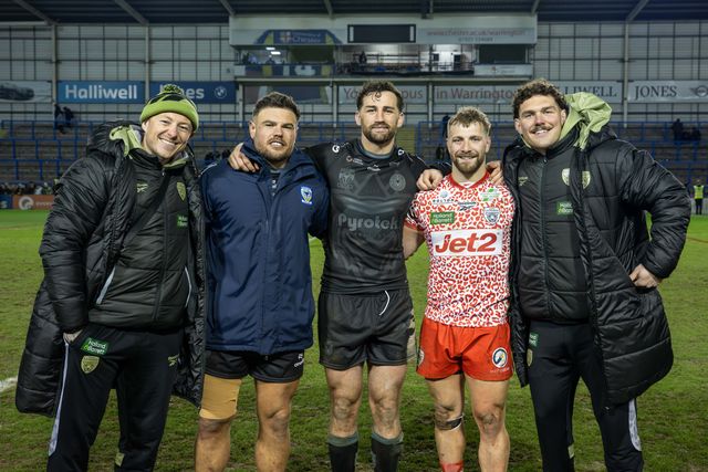 Toby King with Joe Philbin, Josh Charnley, Robbie Mulhern and Matty Davis after the Toby King's Testimonial match Warrington Wolves vs Leigh Leopards at Halliwell Jones Stadium, Warrington, United Kingdom, 1st February 2025

(Photo by Craig Thomas/News Images)