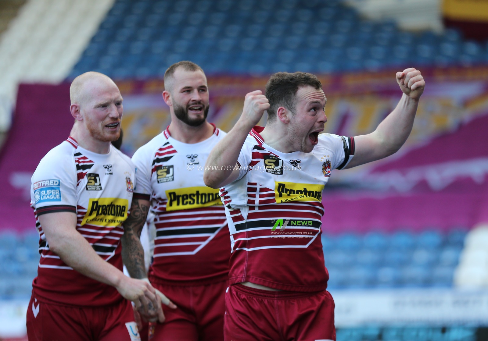 1st March 2020, John Smith's Stadium, Huddersfield, England; Betfred Super League, Huddersfield Giants v Wigan Warriors : Liam Marshall (R) of Wigan Warriors celebrates scoring his 2nd try of the game.