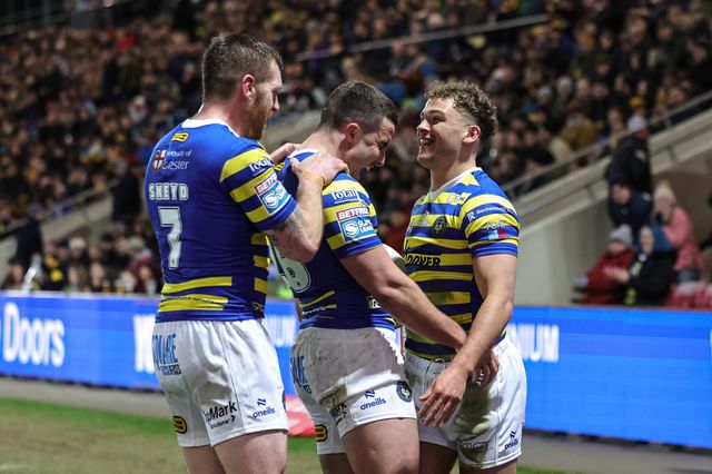 Cai Taylor-Wray of Warrington Wolves celebrates his try with team mates during the Betfred Super League Round 4 match York Knights vs Warrington Wolves at LNER Community Stadium, York, United Kingdom on 06 March 2026

(Photo by Mark Cosgrove/News Images)