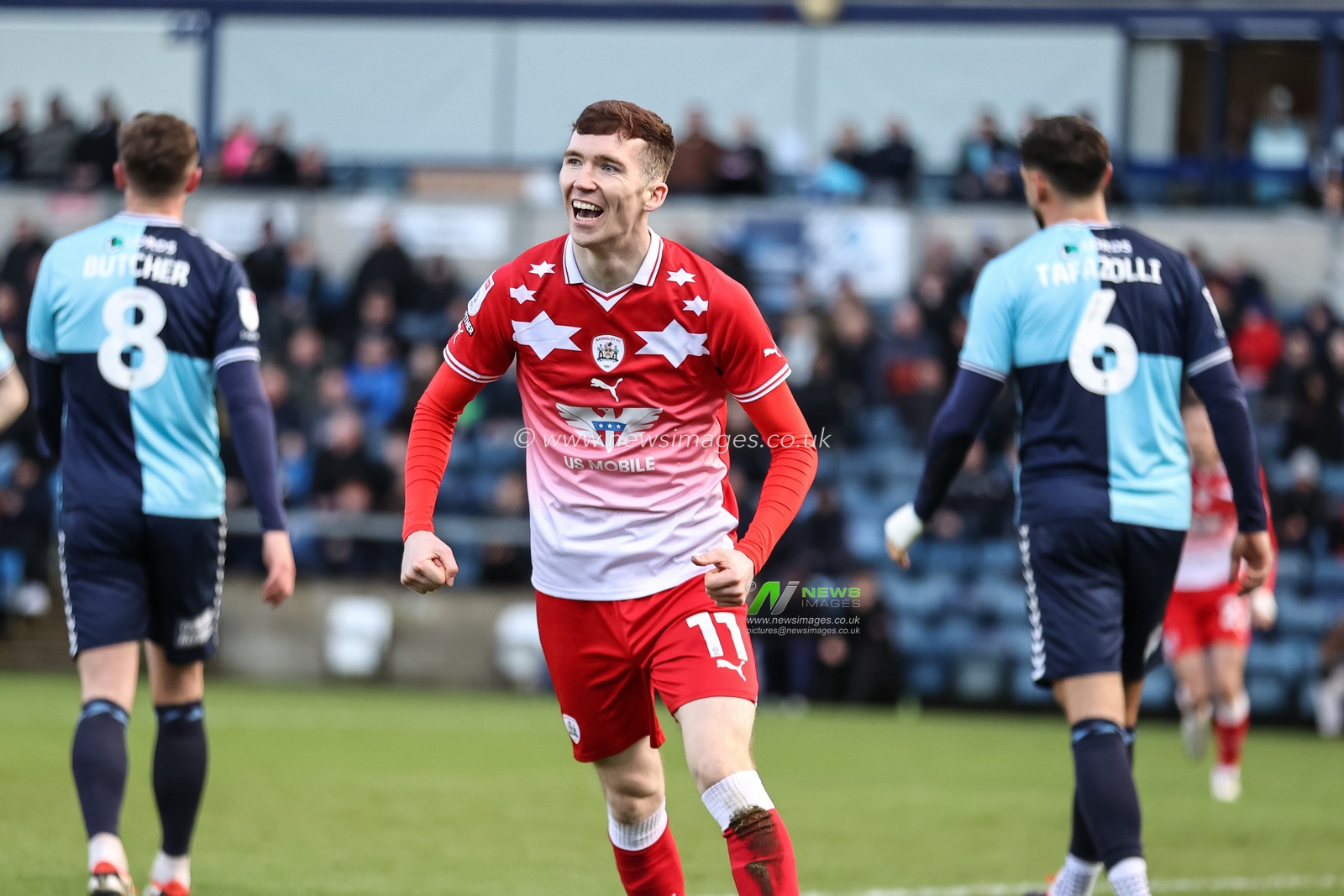 Conor Grant of Barnsley celebrates his goal to make it 2-4 during the Sky Bet League 1 match Wycombe Wanderers vs Barnsley at Adams Park, High Wycombe, United Kingdom, 2nd March 2024

(Photo by Mark Cosgrove/News Images)