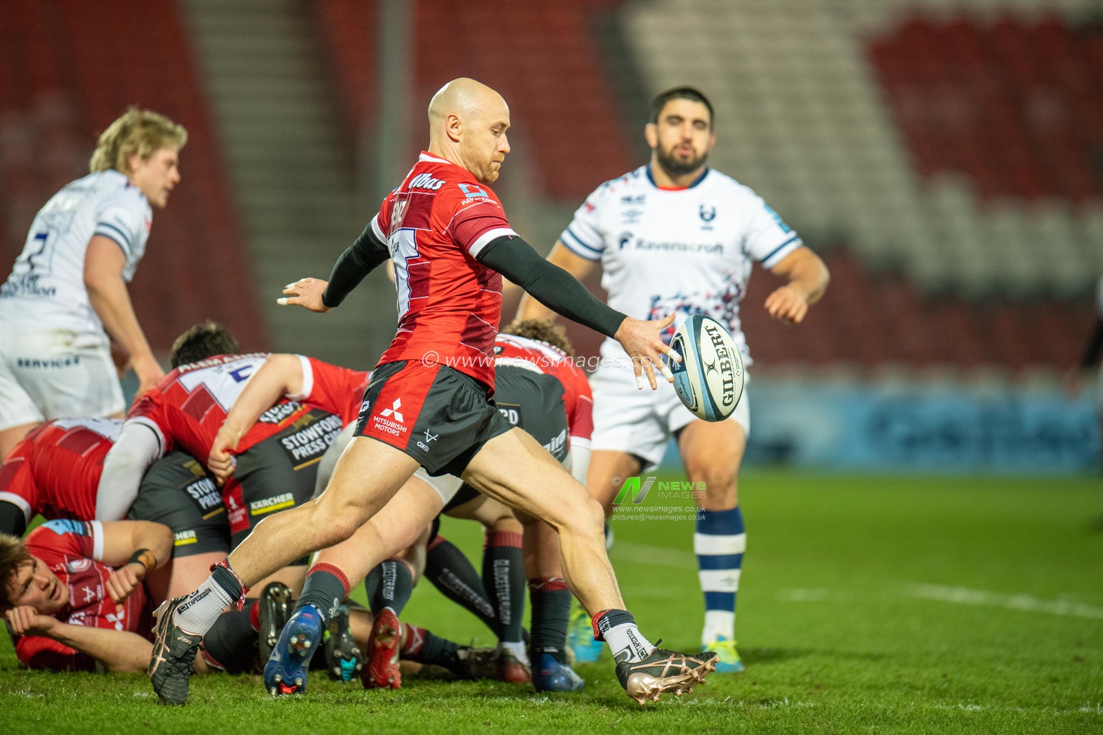 WILLI HEINZ #9 of Gloucester Rugby kicks the ball from the ruck