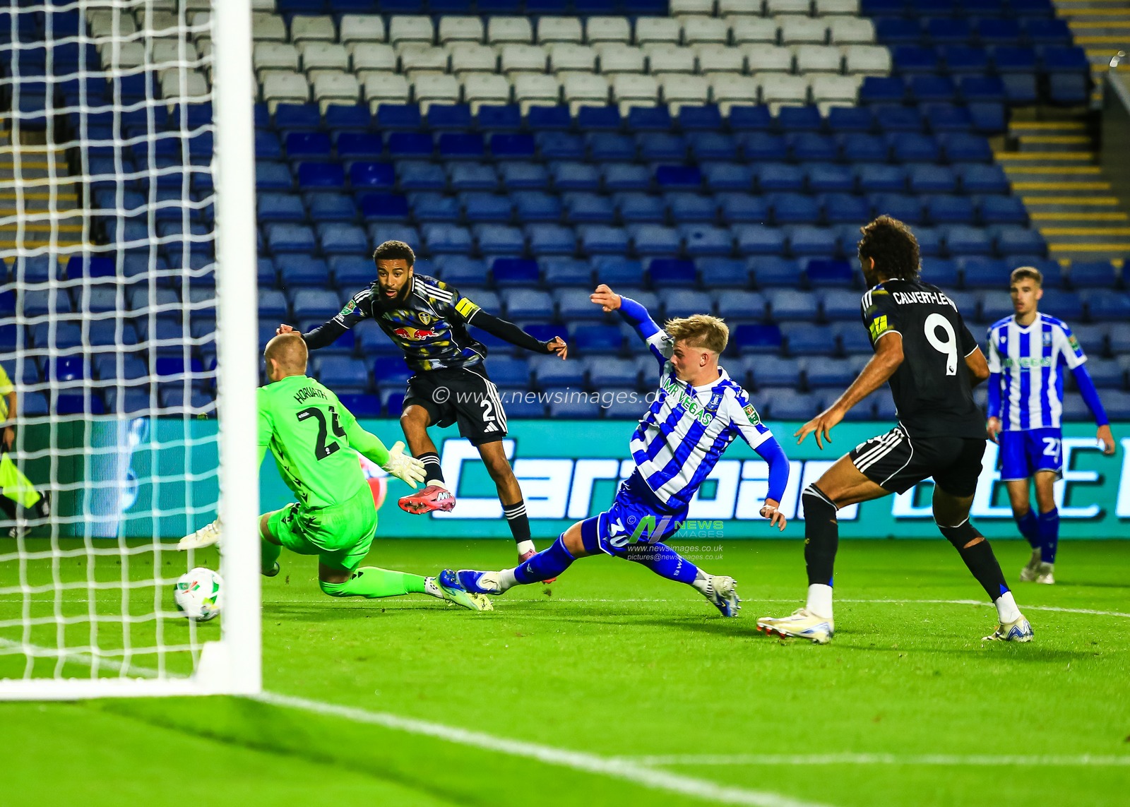 Jayden Bogle of Leeds United scores to make it 1-1 during the Carabao Cup match Sheffield Wednesday vs Leeds United at Hillsborough, Sheffield, United Kingdom, 26th August 2025

(Photo by Richard Bierton/News Images)