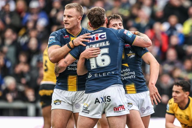 George Brown of Leeds Rhinos celebrates his try during the Betfred Super League round 4 match Leeds Rhinos vs Castleford Tigers at AMT Headingley Stadium, Leeds, United Kingdom on 08 March 2026

(Photo by Alfie Cosgrove/News Images)