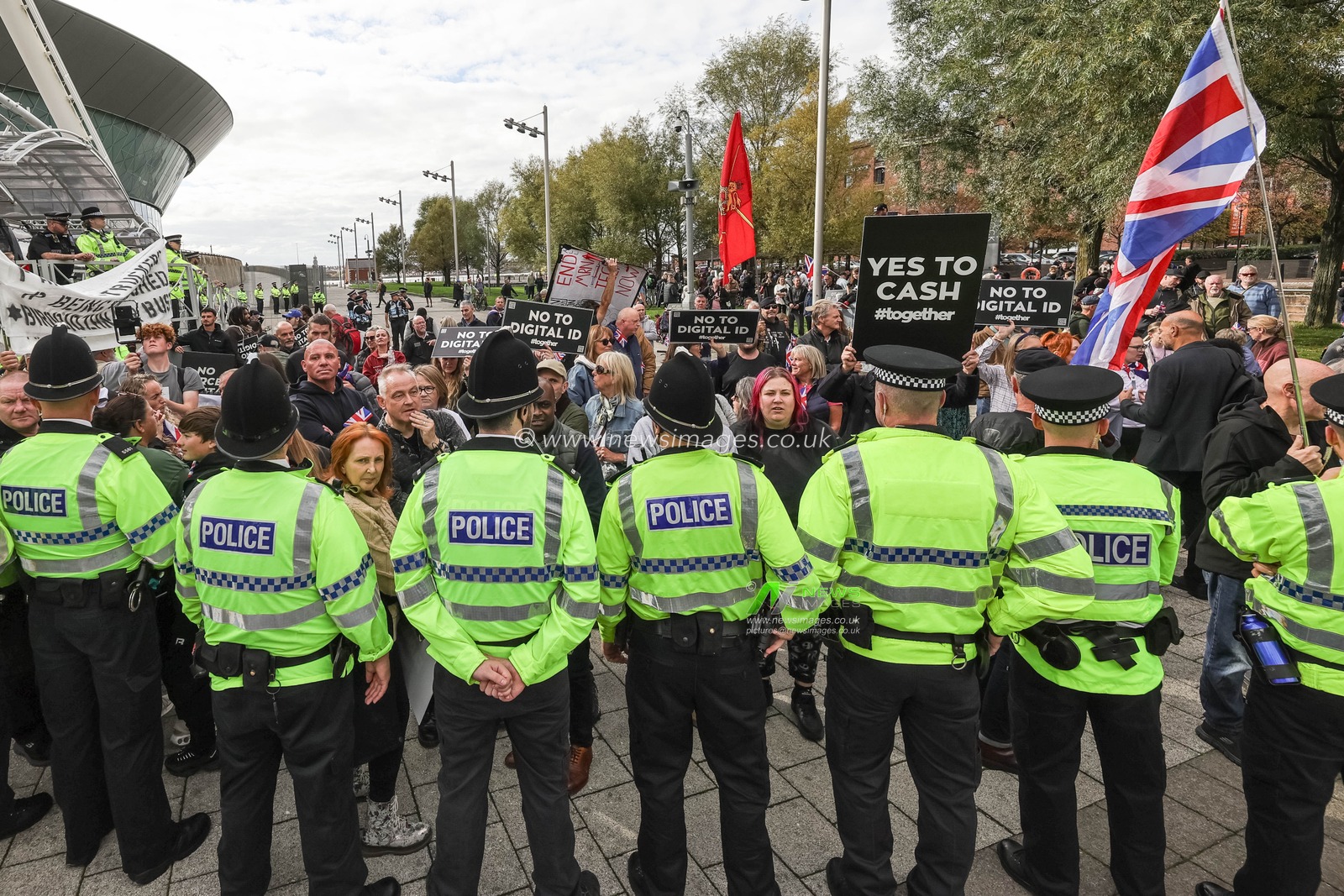 Protesters gather outside the ACC as Merseyside Police attend during the Labour Party Annual Conference 2025 at The ACC, Liverpool, United Kingdom, 28th September 2025

(Photo by Mark Cosgrove/News Images)