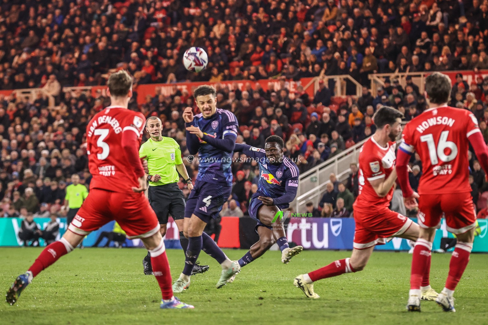 Wilfried Gnonto of Leeds United shoots on goal during the Sky Bet Championship match Middlesbrough vs Leeds United at Riverside Stadium, Middlesbrough, United Kingdom, 8th April 2025

(Photo by Alfie Cosgrove/News Images)