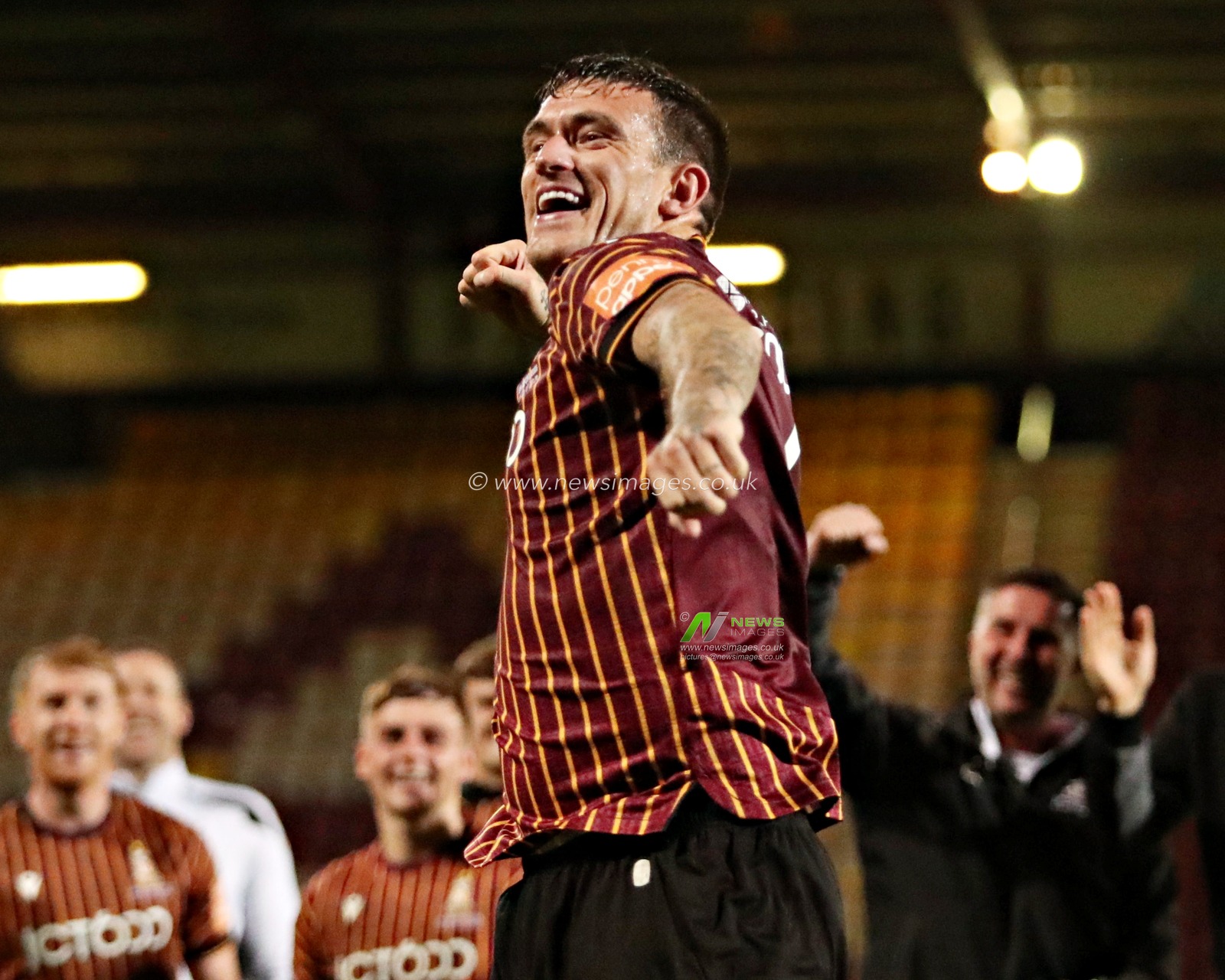 Andy Cook of Bradford City celebrates after The Vertu Trophy match Bradford City vs Grimsby Town at University of Bradford Stadium, Bradford, United Kingdom, 2nd September 2025(Photo by Sam Eaden/News Images)
