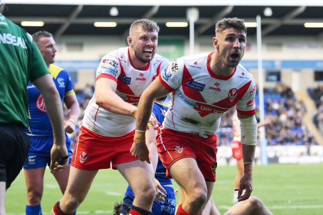 Tommy Makinson of St. Helens celebrates scoring his team's third try during the Betfred Super League play-off Eliminator 2 Warrington Wolves v St Helens at Halliwell Jones Stadium, Warrington, United Kingdom, 28th September 2024

(Photo by Ben Roberts/News Images)