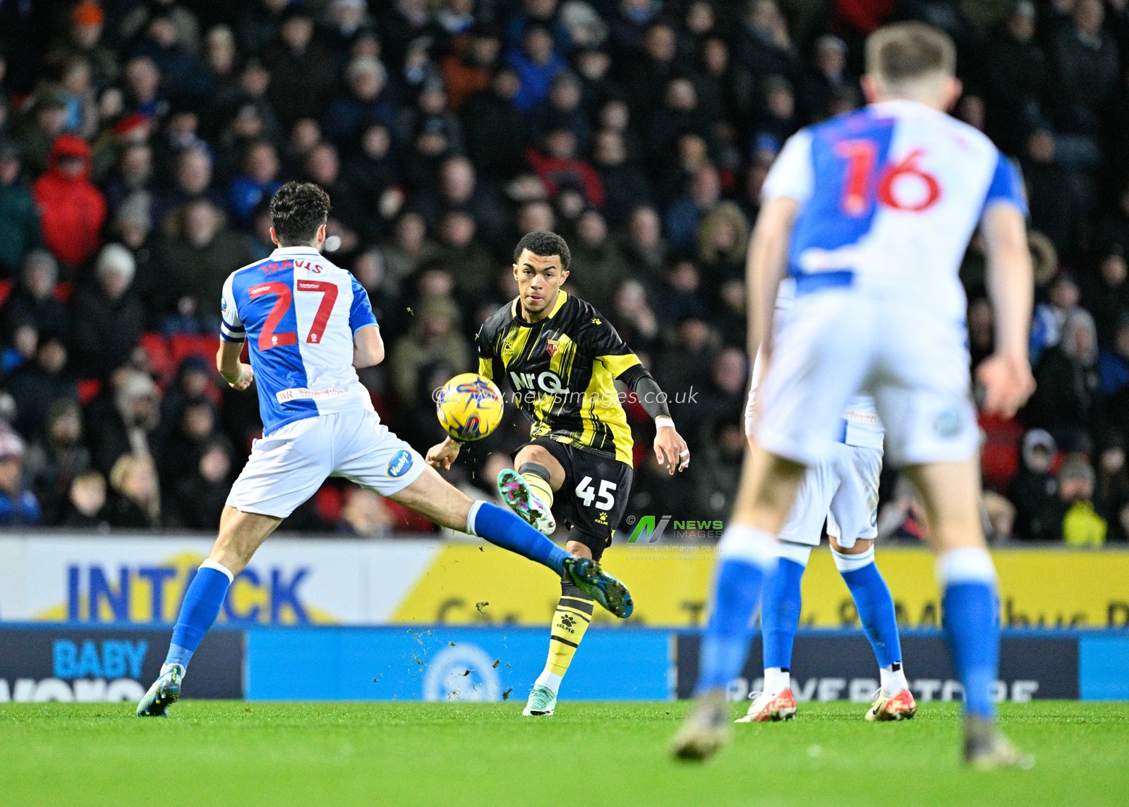 Ryan Andrews 45# of Watford Football Club crosses the ball into the box, during the Sky Bet Championship match Blackburn Rovers vs Watford at Ewood Park, Blackburn, United Kingdom, 23rd December 2023

(Photo by Cody Froggatt/News Images)