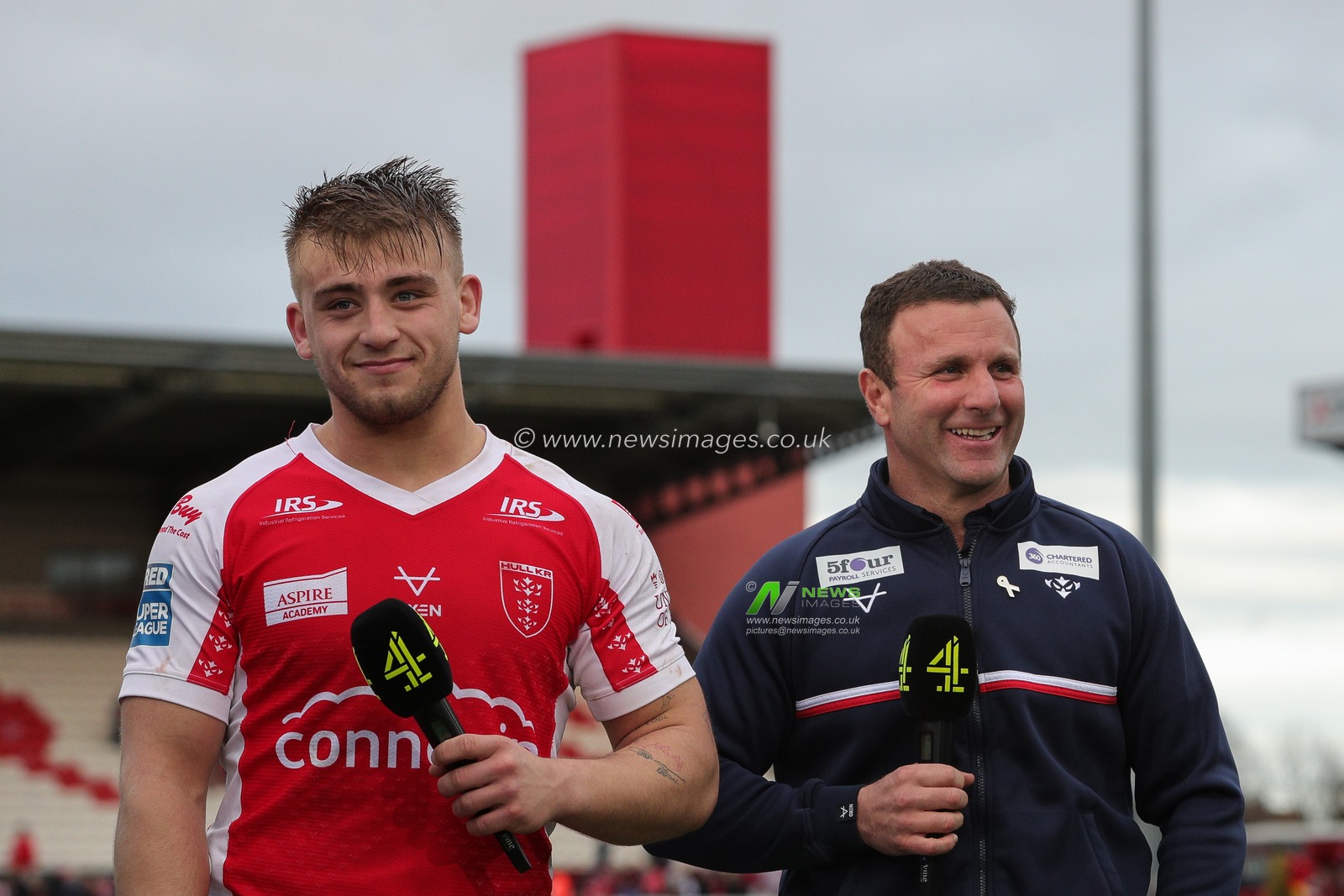 Willie Peters Head Coach of Hull KR and Mikey Lewis #20 of Hull KR are interviewed after the Betfred Super League Round 1 match Hull KR vs Wigan Warriors at Sewell Group Craven Park, Kingston upon Hull, United Kingdom, 18th February 2023

(Photo by James Heaton/News Images)