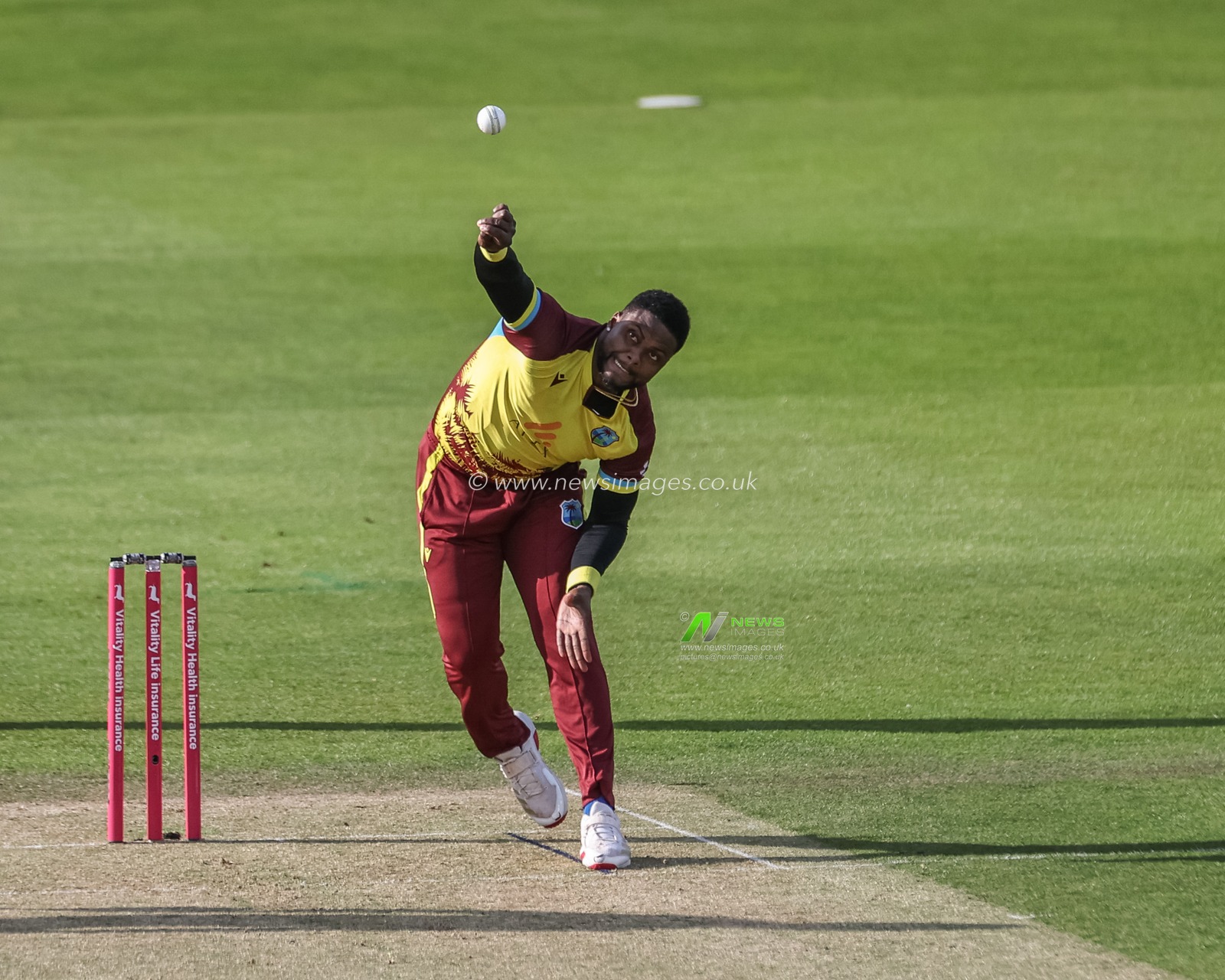 Romario Shepherd of West Indies delivers the ball during the 1st Vitality T20 International Series England v West Indies at Banks Homes Riverside Stadium, Chester-le-street, United Kingdom, 6th June 2025

(Photo by Mark Cosgrove/News Images)