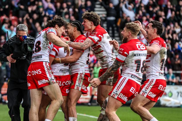 Bill Leyland of St Helens celebrates his try during the Betfred Super League round 7 match St Helens vs Wigan Warriors at The BrewDog Stadium, St Helens, United Kingdom on 03 April 2026

(Photo by Alfie Cosgrove/News Images)