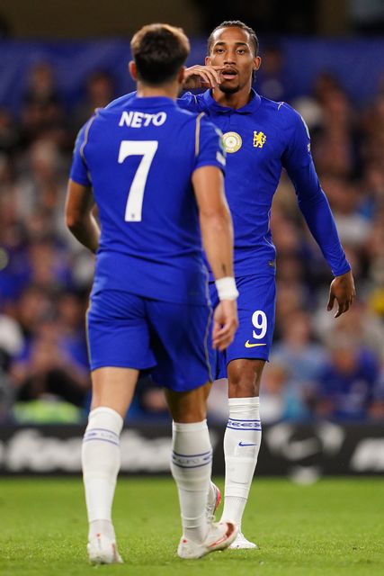 Joao Pedro of Chelsea and Pedro Neto of Chelsea during the Carabao Cup round 2 match Chelsea vs Luton Town at Stamford Bridge, London, United Kingdom on 27 August 2026

(Photo by Harvey Murphy/News Images)