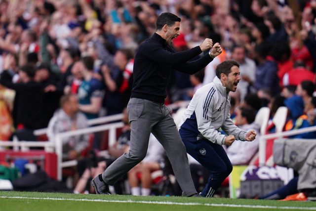 Mikel Arteta manager of Arsenal celebrates his sides first goal during the Premier League match Arsenal vs Fulham at Emirates, London, United Kingdom on 02 May 2026

(Photo by Harvey Murphy/News Images)