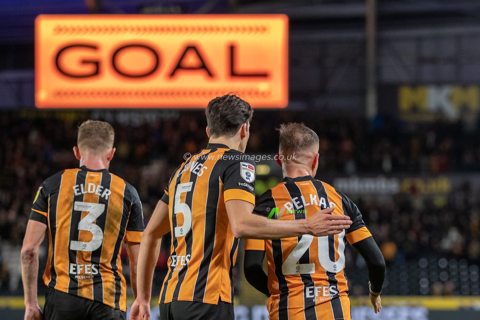 Dimitrios Pelkas #20 of Hull City celebrates his goal with Callum Elder and Alfie Jones making the score 1-1 during the Sky Bet Championship match Hull City vs Wigan Athletic at MKM Stadium, Hull, United Kingdom, 5th October 2022

(Photo by James Heaton/News Images)