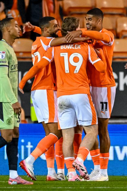 CJ Hamilton of Blackpool  and Josh Bowler of Blackpool  celebrate the pening goal for Blackpool, scored by CJ Hamilton of Blackpool during the Sky Bet League 1 match Blackpool vs Luton Town at Bloomfield Road, Blackpool, United Kingdom, 30th September 2025

(Photo by Adam Gee/News Images)