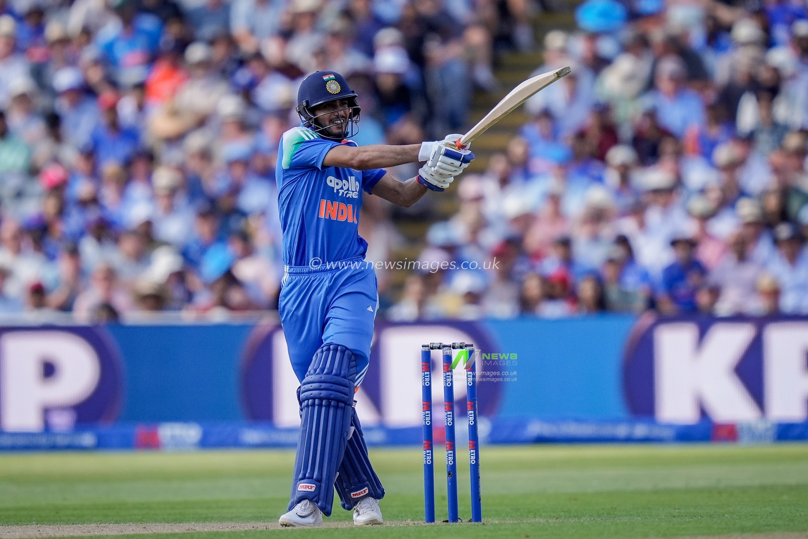 India captain Shubman Gillhits a four during the 1st Metro Bank ODI match England vs India at Edgbaston, Birmingham, United Kingdom on 14 July 2026

(Photo by Maynard Manyowa/News Images)