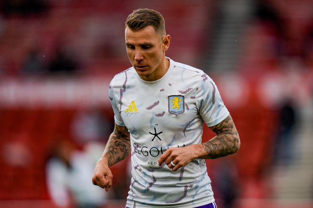 Lucas Digne of Aston Villa in the pregame warmup session  during the Premier League match Nottingham Forest vs Aston Villa at City Ground, Nottingham, United Kingdom on 12 April 2026

(Photo by Maynard Manyowa/News Images)