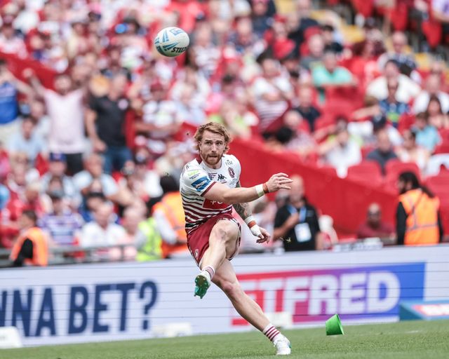 Adam Keighran of Wigan Warriors converts for a goal during the Betfred Challenge Cup Final match Wigan Warriors vs Hull KR at Wembley Stadium, London, United Kingdom on 30 May 2026

(Photo by Mark Cosgrove/News Images)