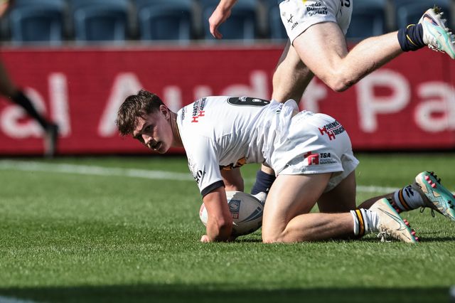 Jenson Windley of Castleford Tigers Reserves runs in a solo try during the Rugby League Reserves match Leeds Rhinos Reserves vs Castleford Tigers Reserves at AMT Headingley Stadium, Leeds, United Kingdom on 22 May 2026

(Photo by Mark Cosgrove/News Images)