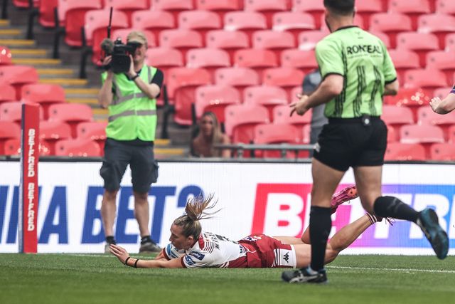 Georgia Wilson goes over for a try during the Betfred Women's Challenge Cup Final Wigan Warriors vs St Helens at Wembley Stadium, London, United Kingdom on 30 May 2026

(Photo by Alfie Cosgrove/News Images)
