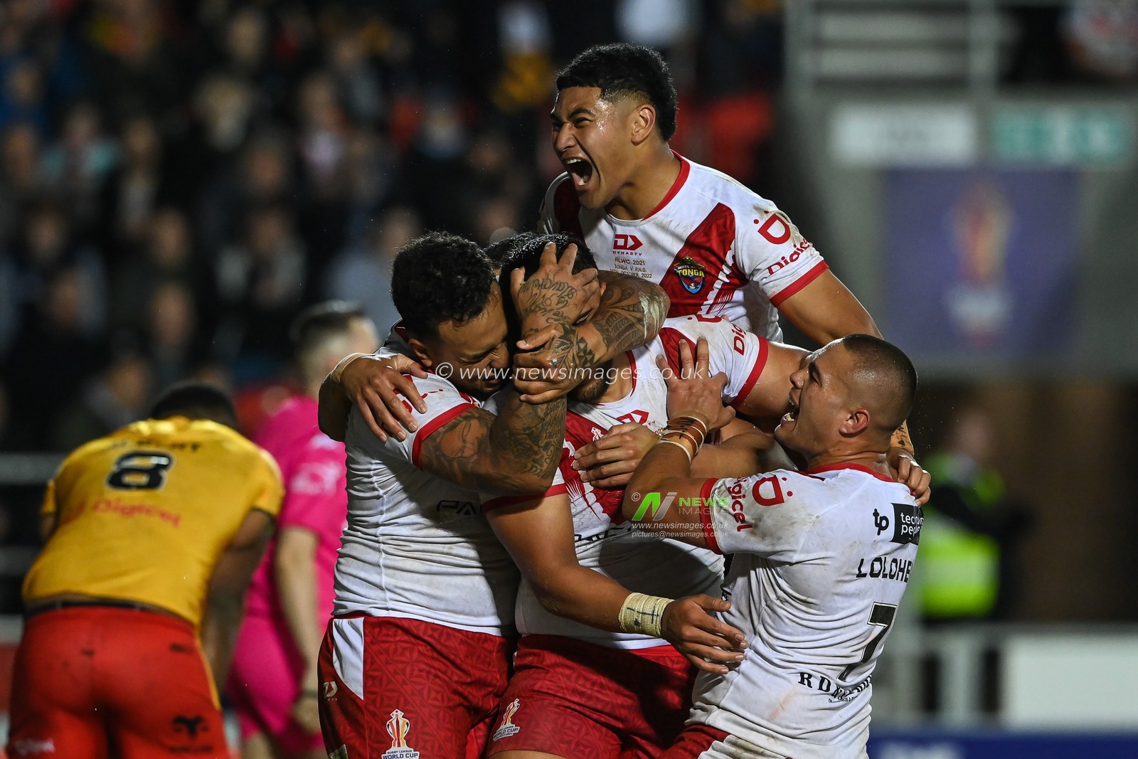 Keaon Koloamatangi of Tonga celebrates his try during the Rugby League World Cup 2021 match Tonga vs Papua New Guinea at Totally Wicked Stadium, St Helens, United Kingdom, 18th October 2022

(Photo by Craig Thomas/News Images)