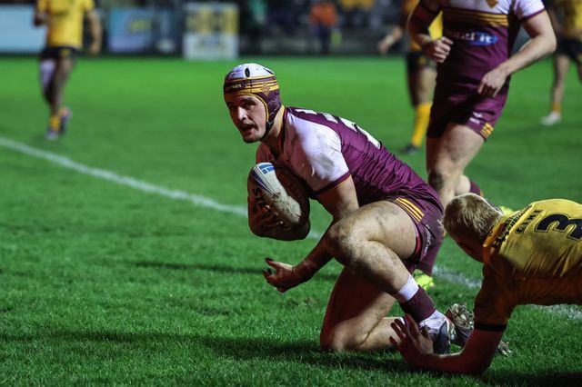 George Flanagan Jnr of Huddersfield Giants goes over for a try during the Betfred Super League Round 3 match Castleford Tigers vs Huddersfield Giants at OneBore Stadium, Castleford, Untied Kingdom on 27 February 2026

(Photo by Mark Cosgrove/News Images)